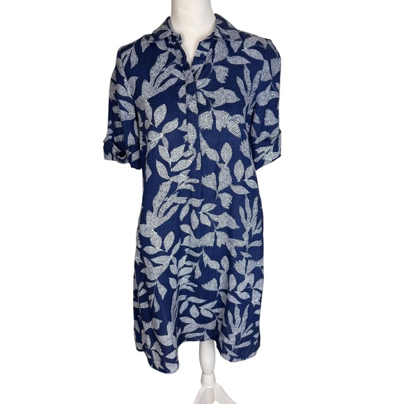 Chico's Dresses & Skirts - Chicos Navy Blue White Linen Botanical Leaf Print Shirt Dress Size 00 US 2